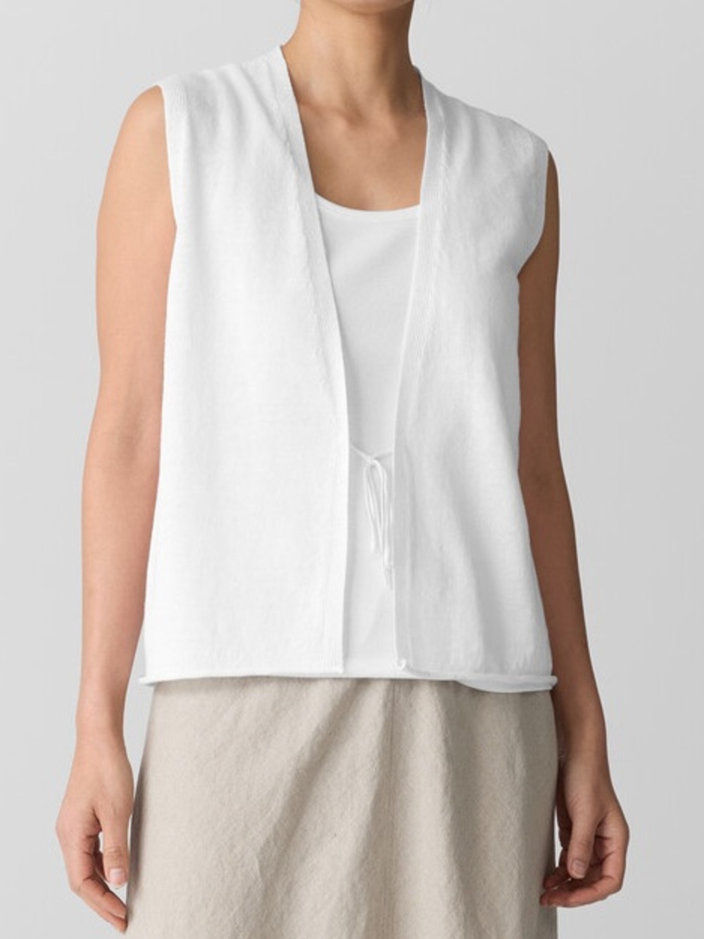 Eileen Fisher Woman’s Large Organic Linen White Open-Front Knit Vest Nwt